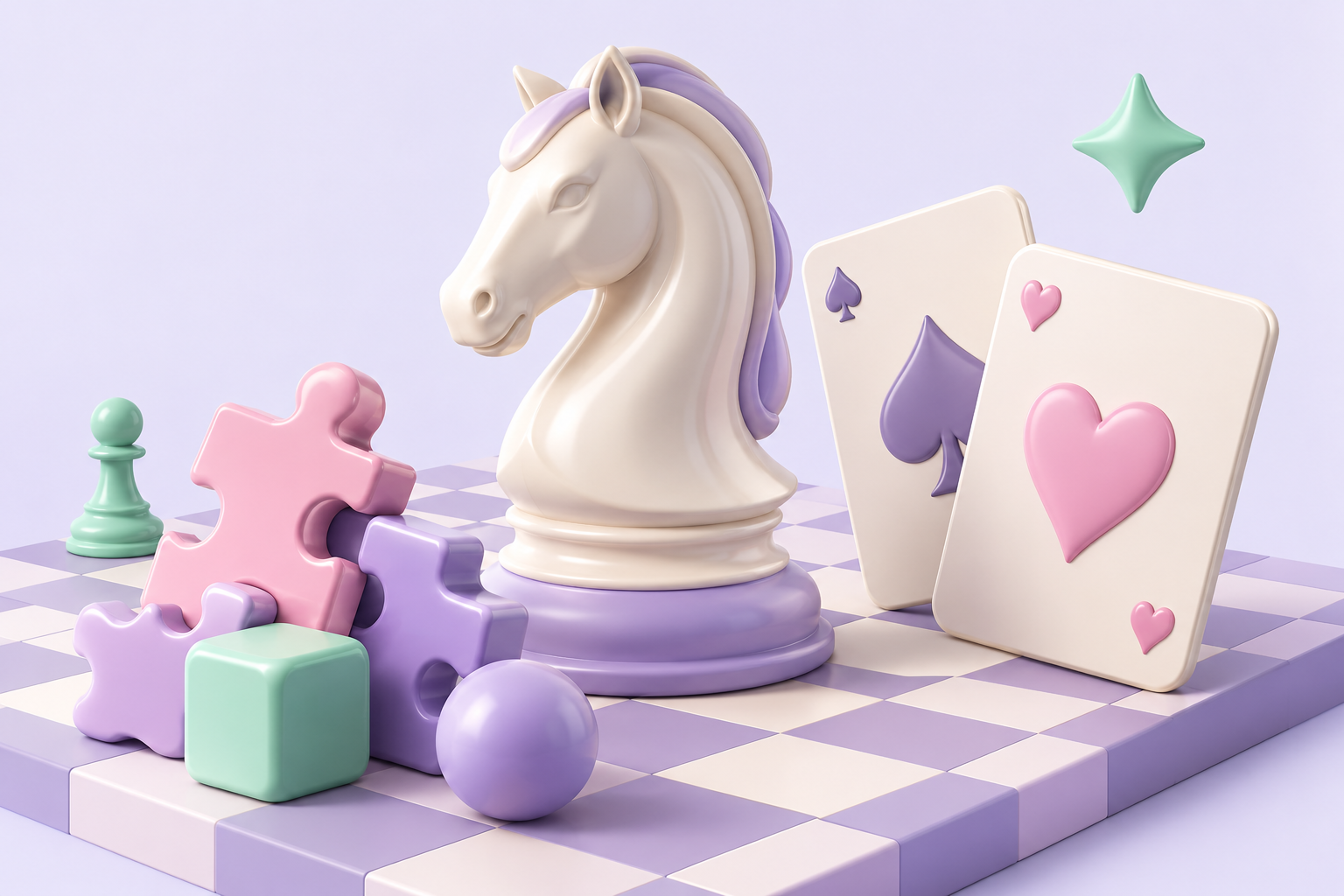 Sculptural chess pieces, puzzles and playing cards in soft lavender, ivory and mint
